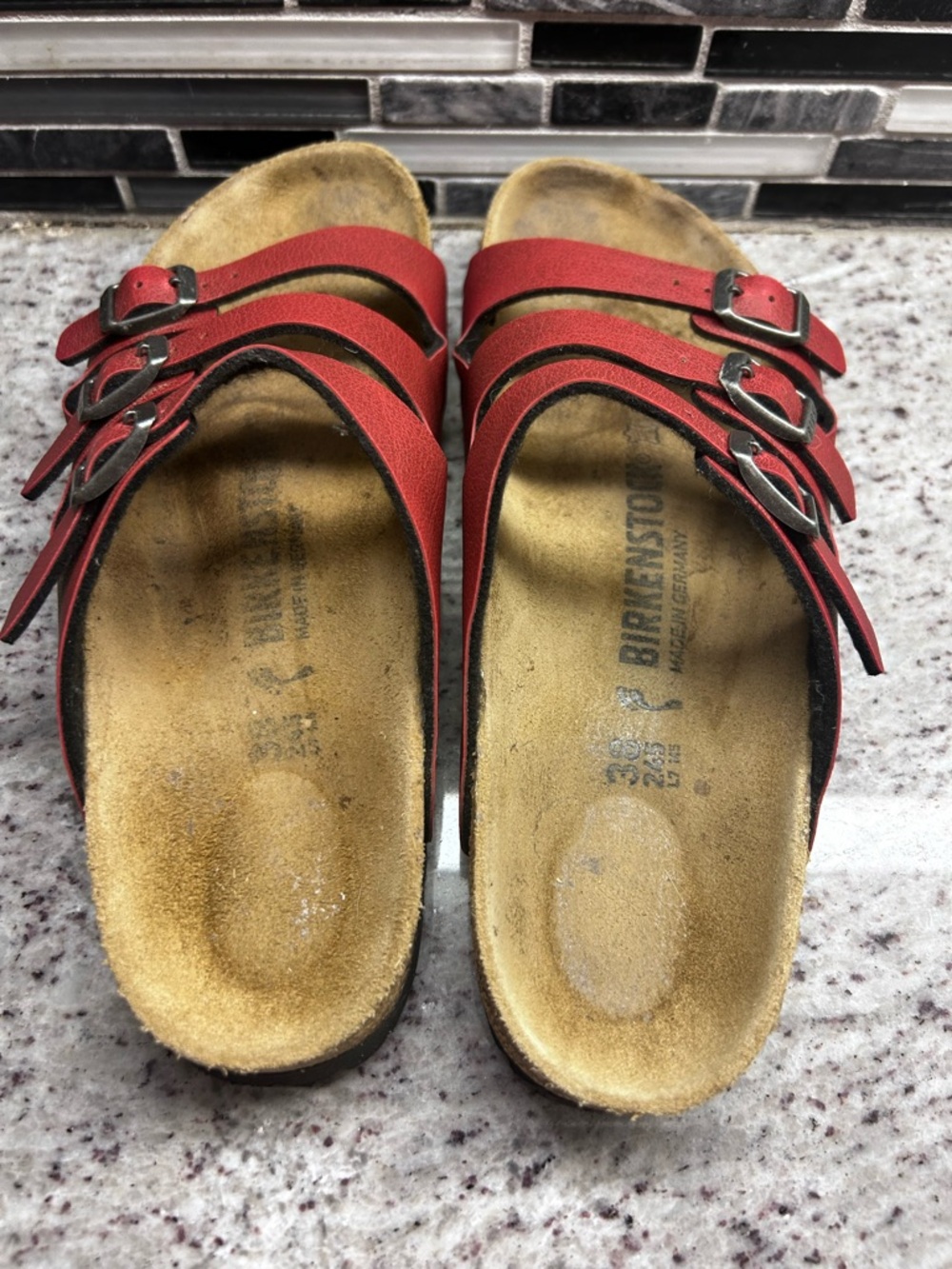 Birkenstock Red Triple-Strap Cork Footbed Sandals womens size 7 ==mens 5 - Picture 3 of 8